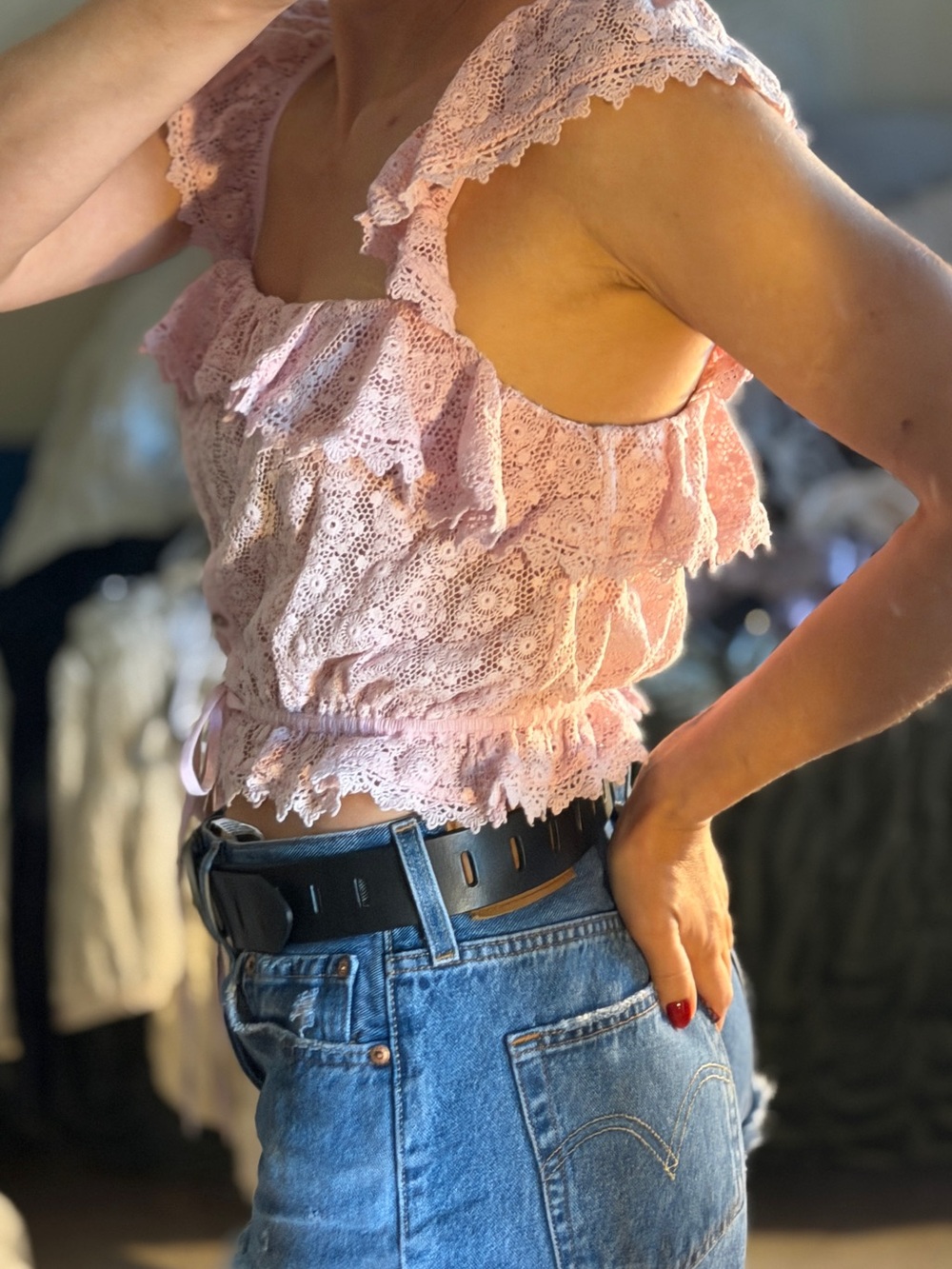 LoveShackFancy Pink Lace Ruffle Crop Top - Picture 9 of 10